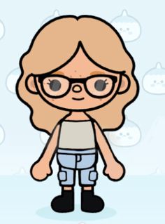 a cartoon girl with glasses standing in front of snow covered ground and clouds behind her