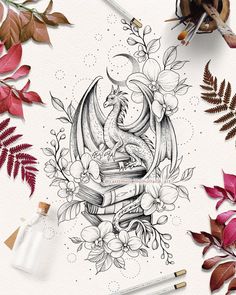 a drawing of a dragon sitting on top of a book surrounded by leaves and flowers