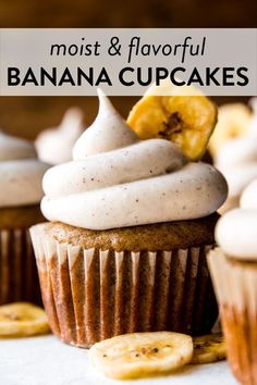 banana cupcakes with frosting and sliced bananas on the side, in front of other cupcakes