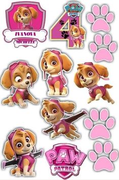 the paw patrol character stickers are pink and have paw prints on them, as well as