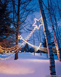 an outdoor christmas decoration in the snow with lights on it and trees covered in snow