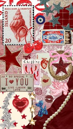 the collage is made up of many different types of stamps and stickers on paper