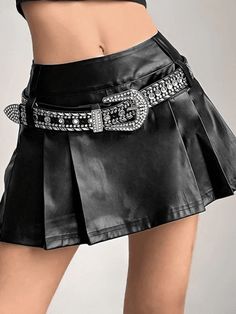 Pleated Pu Leather Mini Skirt - AnotherChill Skirt Streetwear, Short Pollera, Metallic Pleated Skirt, Street Y2k, Double Belt, High Waisted Pleated Skirt, Nature Dress, Vintage Punk, Costume Intero