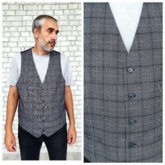 Suit Vest men waistcoat men gray Plaid Vest Mens Vest gray Vest Vintage Sleeveless Jacket mens  Tartan Vest Tweed Vest XL 6B height of the men in the photo - 187 cm Please refer to photos for details of condition.  Condition: very good vintage Measurements: Length: 71 cm/ 28" Bust: 118 cm/ 46.5" Waist 110 cm/43.3"  Tag Size: UK - 46 note The color on the pictures may vary due to monitor settings and light reflections. Ready to ship Please do not hesitate to contact with me for any questions. Tha Casual Tweed Vest For Winter, Gray Winter Vest With Pockets, Classic Tailored Gray Vest, Fitted Gray Vest With Pockets, Gray Tailored Vest For Business, Fitted Tweed Sleeveless Vest, Gray Sleeveless Vest Outerwear, Fitted Sleeveless Tweed Vest, Casual Wool Vest