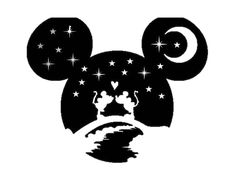 the mickey mouse head with stars and moon on it's face, in black and white