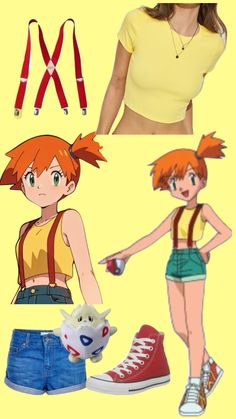 some anime characters with different outfits and accessories on them, including an orange shirt and blue shorts