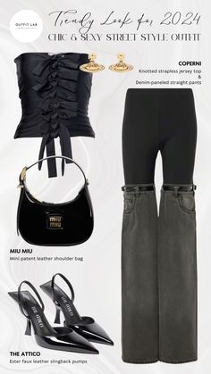 Turn heads with this chic, sexy, and trendy street style outfit. Featuring sleek Coperni pants and top for a bold yet stylish look, paired with statement The Attico pumps. Complete the ensemble with a fashionable Miu Miu bag and iconic Vivienne Westwood earrings. Perfect for making a statement in the city, this outfit combines style and confidence. Shop now to elevate your street style game! Miu Miu Outfit Fashion Styles, Coperni Pants, Vivienne Westwood Street Style, Platform Heels Outfit Ideas, Vivienne Westwood Pants, Miu Miu Outfit, Mas Outfits, Platform Heels Outfit, Trendy Street Style Outfits