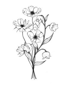 a black and white drawing of some flowers