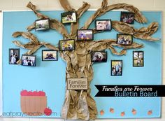 a bulletin board with pictures on it and the words families are forever built in cardboard