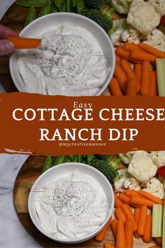 two white bowls filled with ranch dip surrounded by carrots and cauliflower