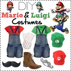 mario and luigi costumes are featured in this image with the caption, diy