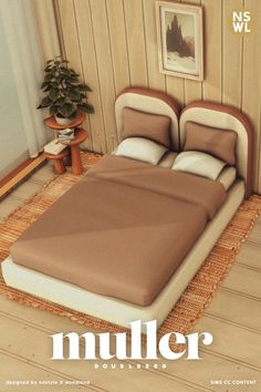 a bed sitting on top of a wooden floor next to a plant in a room