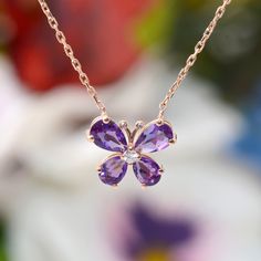 Minimal Natural Amethyst Enamel Butterfly Necklaces, Purple Amethyst Butterfly Necklace, Dainty Butterfly Necklaces, Valentine's Day Gift Diamond : 0.02 CT. F / SI (1 piece) Natural Amethyst : 0.55 CT. (4 piece) Gram 1.64 (It may differ depending on the chain size) Product Code: MR0011501 Adjustable Chain is Optional Length of Chain 16 inches - 24 inches ABOUT US All our products are handmade . Our jewelry is made with real solid gold and natural diamonds and gemstones . Our store was founded in Purple Gem Jewelry, Purple Butterfly Jewelry, Purple Gem Necklace, Purple Gemstone Pendant Jewelry, Purple Amethyst Jewelry Gift, Purple Necklaces For Anniversary, Purple Necklace For Anniversary With Hallmark, Purple Hallmarked Necklaces For Anniversary, Fine Purple Amethyst Jewelry