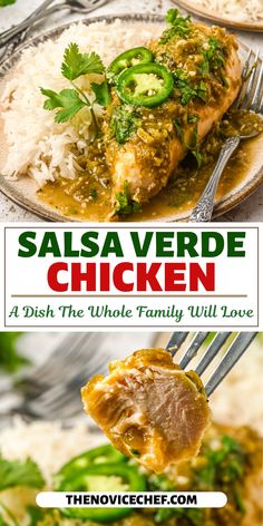 salsa verde chicken on a plate with rice and green vegetables in the background