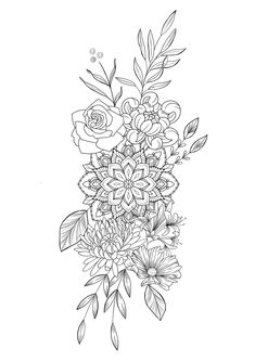 a black and white drawing of flowers with leaves on the bottom right hand corner is shown