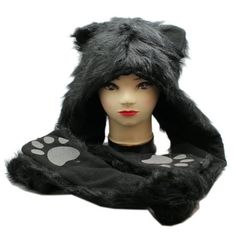 They prowl by night! ; Black leopard plush hat; Made from polyester fiber; Features attached mittens, shaped like paws; Great for cold winter mornings; Measures 9in (23cm) wide and 33in (83cm) long Size: One Size.  Color: Multicolor.  Gender: unisex.  Age Group: adult. Black Hats With Plush Lining For Cold Weather, Adjustable Warm Winter Costume Hats And Headpieces, Adjustable Winter Hats For Costume Events, Adjustable Hats For Winter Costume, Winter Costume Hat One Size, Winter Beanie For Cosplay, Black Beanie Costume Hat For Winter, Winter Cosplay Beanie Hat, Black Beanie For Winter - Costume Hat