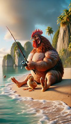 a chicken with a fishing rod on the beach