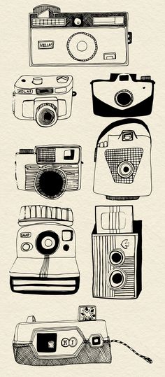 a bunch of different types of cameras in black and white