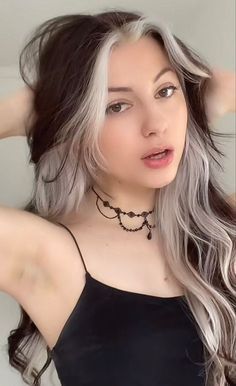 Brunette With White Hair, Layered Hair Pulled Back, Under Neath Hair Color, Blond Underdye Hair, Hair Styles For Peekaboo Hair, Top Half Black Bottom Half White Hair, Brown Hair White Peekaboo, Black And White Peak A Boo Hair, Peekaboo Hair Color Platinum