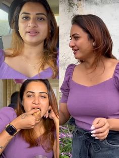 two women in purple shirts are eating food