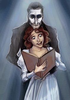 a painting of a woman reading a book with a creepy face on her head and an evil man behind her