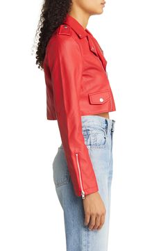 Embrace the biker chick look in this sleek faux leather jacket flaunting zips at the sleeves and a water-repellent exterior so you'll be ready for anything. Notched lapels Water-repellent Lined Hand wash, dry flat Made in the USA Red Leather Jacket With Zipper For Spring, Trendy Red Biker Jacket With Zipper, Trendy Red Biker Jacket With Zipper Closure, Fitted Red Biker Jacket, Chic Red Leather Jacket With Zipper Closure, Red Leather Moto Jacket, Red Moto Outerwear With Zipper Closure, Red Fitted Biker Leather Jacket, Red Single-breasted Leather Outerwear