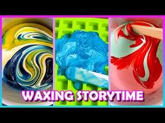 four different pictures with the words waxing storytime on them, and an image of various