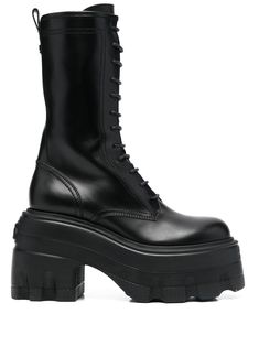 Maxi lace-up army 120mm boots from CASADEI featuring jet black, calf leather, front lace-up fastening, round toe, high block heel and chunky rubber sole. Casadei Boots, Chanel 2, Biker Boots, Pump Sandals, Ski Wear, Boots Black, Jet Black, Top Shoes, High Heel Shoes