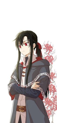 an anime character with long black hair and red eyes, holding his arms around his chest