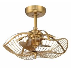 a ceiling fan that is gold and has a light on top of the fan blades