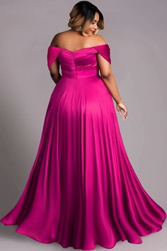 Xpluswear Design Plus Size Formal Magenta Off The Shoulder Cap Sleeve Split Crinkle Chest Satin Maxi Dresses [Pre-Order] Plus Size Wedding Guest Outfits, Bridal Satin Dress, Fancy Short Dresses, Long African Dresses, Lace Gown Styles, Plus Size Gowns, Plus Size Formal, Plus Size Party Dresses, Plus Size Formal Dresses