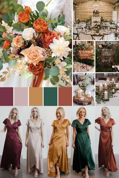 a collage of different color schemes with flowers and greenery in the center, two women standing near each other