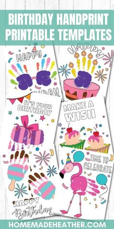 birthday handprint printable templates with flamingos and cake on them for kids to make