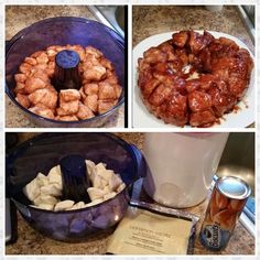 four different pictures of food and drinks on a counter top, including donut holes