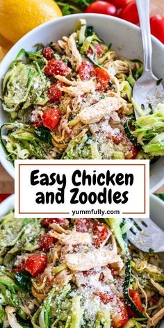 two white bowls filled with pasta and veggies next to lemons, tomatoes and parmesan cheese