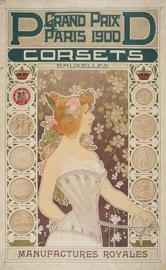 an advertisement for the grand prix de paris 1900 corsets, featuring a woman in a white dress