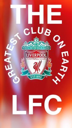 the liverpool football club logo on a blurry red and white background with words below it