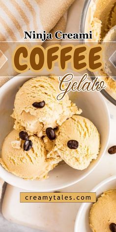 two scoops of coffee gelato in a white bowl with chocolate chips on top