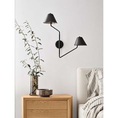 two black lamps on the wall next to a nightstand with a potted plant in it