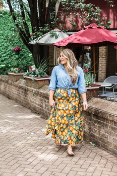 My Favorite Fruit Printed Anthropologie Maxi Skirt by popular North Carolina fashion blog, Coffee Beans and Bobby Pins: image of a woman standing outside of a restaurant and wearing a Anthropologie Summer Orchard Skirt, J. Crew Everyday chambray shirt, Madewell Coin Necklace Set, and DREAM PAIRS Women's Sammy Gladiator Lace up Flat Sandals. Midsize Maxi Skirt, Curvy Boho Fashion, Trendy Plus Size Outfits Summer, Maxi Skirt Fashion, Lace Up Flat Sandals, Maxi Skirt Plus Size, Plus Size Maxi Skirt, Printed Maxi Skirt, Maxi Skirt Style