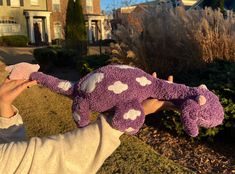 a person holding a purple stuffed animal in front of a house