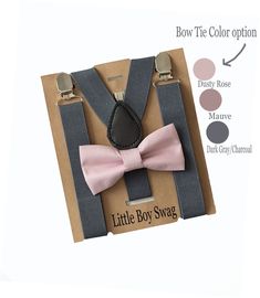 This dusty rose bow tie is paired with dark grey suspenders and fits newborns up to adult sizes. This is the perfect set for ring bearers, grooms, and groomsmen. Also often bought for boy's birthday outfits, cake smash, and family photos. Discount: Follow us on Instagram (@littleboyswwag) or Facebook (Little Boy Swag) to get 10%. Just send us a message for the promo code. The Bow Tie (Newborn to Adult sizes): 1) CLIP-ON: Easy to put on and take off and great for those extra wiggly little ones. 2 Gray Suspenders Groomsmen, Groomsmen Ring, Boys To Men, Suspenders Groomsmen, Grey Ring, Grey Suspenders, Tie And Suspenders, Boys Birthday Outfits, Blush Fabric