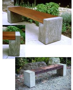 an image of a bench made out of concrete blocks and wood in the middle, along with pictures of it