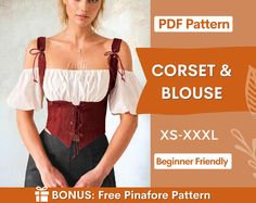 a woman in a corset and blouse with the text, xs - xxl beginner friendly