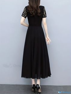 Orcajump - Contrast Lace Chiffon Dress, Elegant V Neck Short Sleeve Dress, Women's Clothing Non-stretch Chiffon Dress With Short Sleeves, Chiffon Maxi Dress With Short Sleeves, Non-stretch, Non-stretch Chiffon Maxi Dress With Short Sleeves, Black Chiffon A-line Midi Dress, Black Chiffon Midi Dress With Short Sleeves, Black Flowy Short Sleeve Chiffon Dress, Black Flowy Chiffon Dress With Short Sleeves, Black A-line Chiffon Dress For Spring, Elegant Non-stretch Chiffon Dress