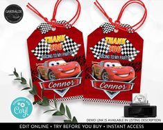 two red tags with the words thank you for racing cars and checkered flags on them