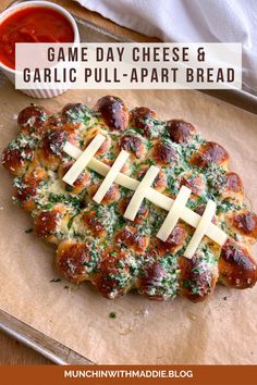 a homemade game day cheese and garlic pull apart bread