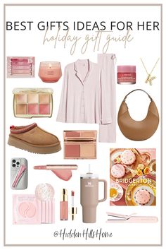 the best gifts for her holiday gift guide is featured in this postcard with pink and gold