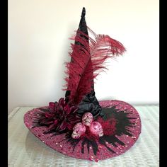 Pictured Black, Which Dress And Hat Is The Same Hat As This Original Design Artisan One Of A Kind 18" Tall & Wide Crinkle Black Satin Crown Scrunchies Down On 5 1/4 Inch Deep Wired Brim Completely Covered Underneath With Pink Tone Sparkles And Feathering Around Top Edge Of Brim. Brim May Be Folded Up For Extra Personality. Includes A Matching Pink Glitter Clip Not Shown. Lightweight. Set Of Matching Triplets Goals On Top And Extra-Large Silk Matching Flower With Natural Extra Long Ostrich Plume. Witch Picnic, Witch Hats, Witchy Crafts, Mouse Ears Headband, Winter Headbands, Wool Winter, Pink Sparkle, News Boy Hat, Pink Hat