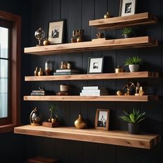 some shelves with pictures and plants on them next to a window in a dark room